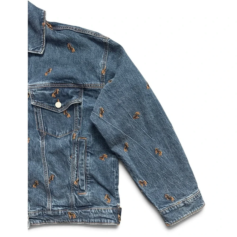 Avec Les Filles Horse Embroidered Denim Trucker Jacket Jean Blue Women's Size L